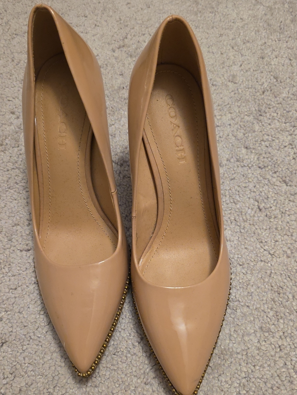 Coach Nude Patent Pointed-Toe Pumps with Gold Trim
